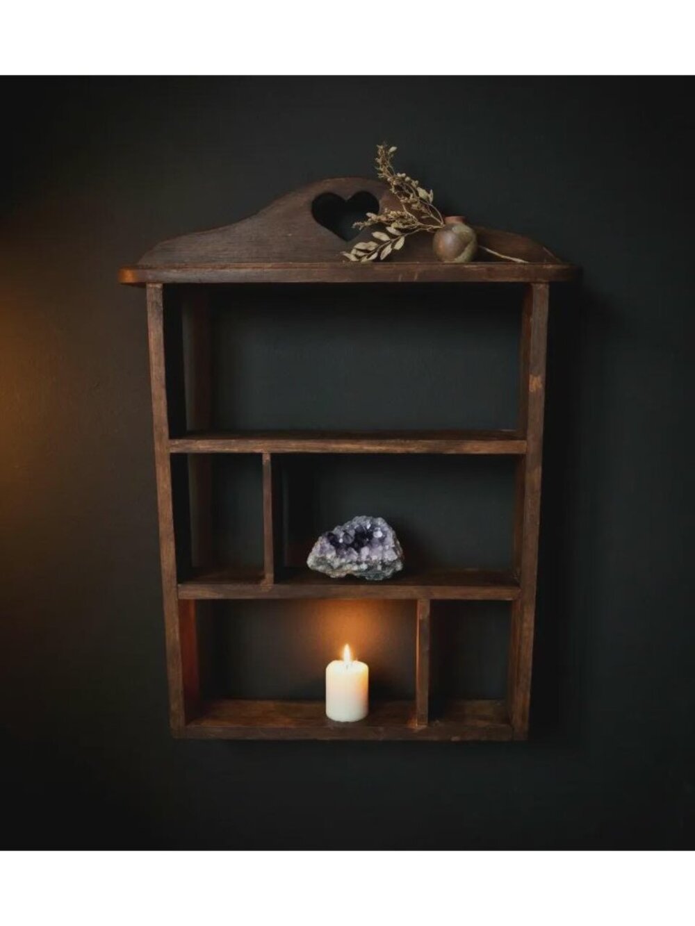Trinket Shelf with Heart Cutout Dark Walnut Wood Wall Shelf for Altar Crystals - Picture 2 of 7
